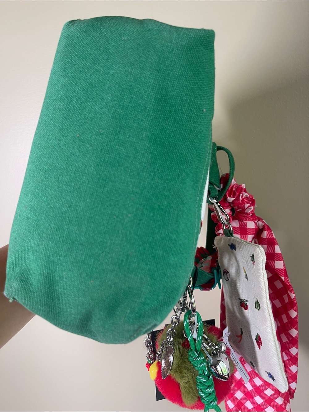 Madden Girl Green and Cream Crossbody Tote with Red Pom Pom - many extras! - Picture 16 of 16